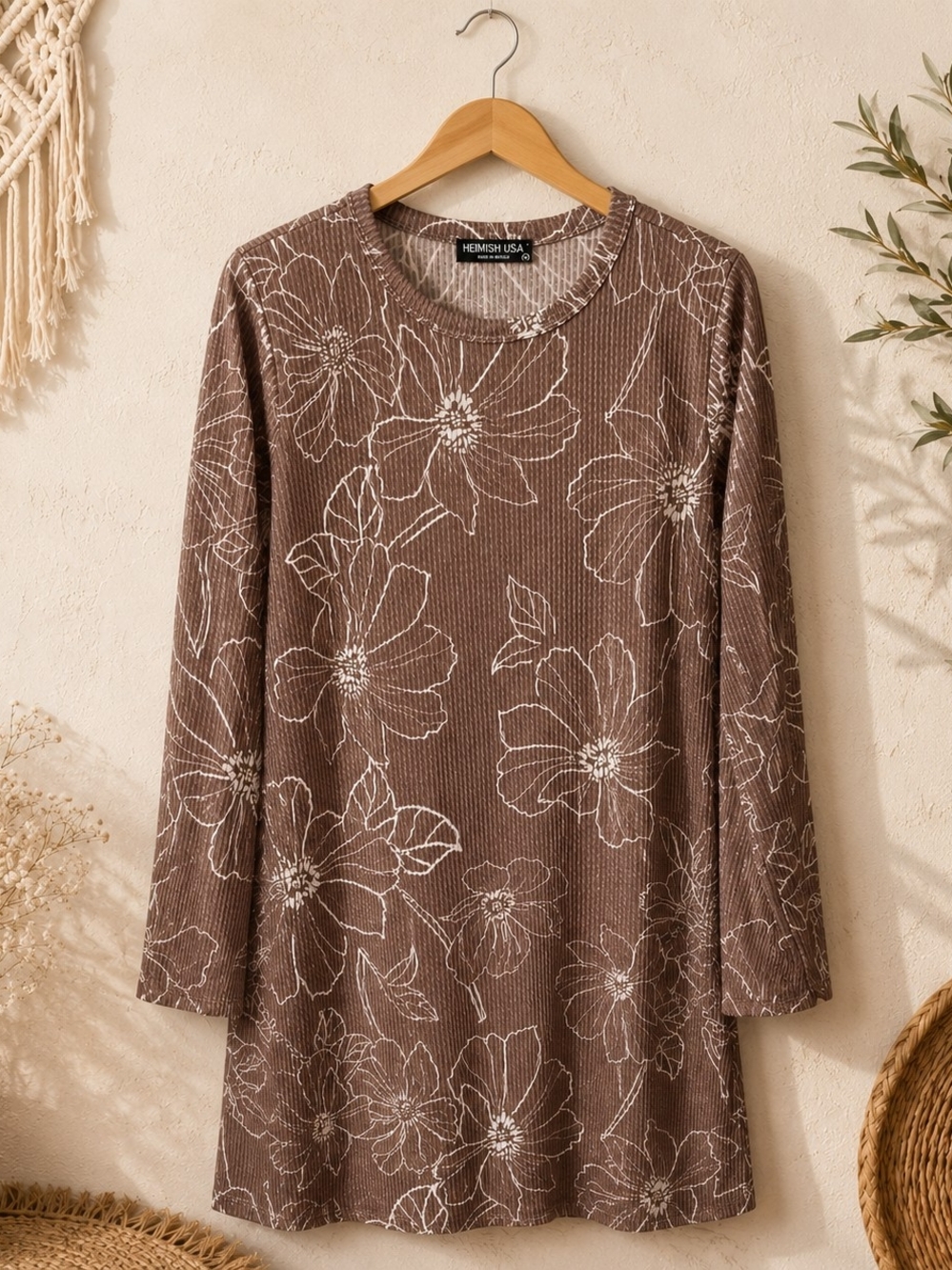 Heimish USA Waffle Knit Floral Tunic Dress Mauve Taupe Long Sleeve Medium
